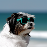 perro con gafas de sol en la playa